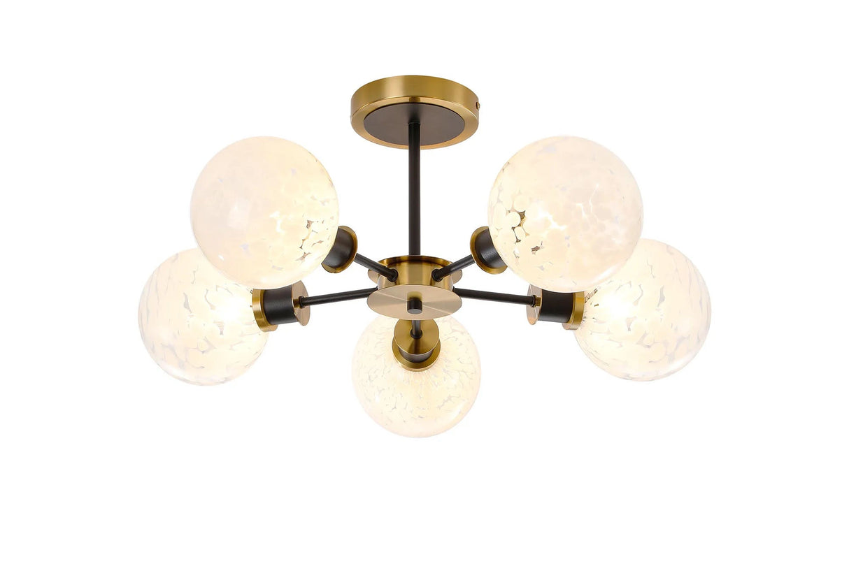 Stevens Semi Ceiling, 5 x E14 With 15cm Round Speckled Glass Shade, Brass, White & Satin Black