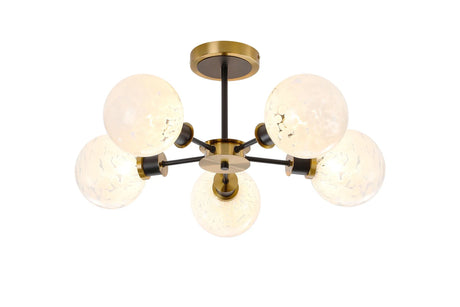Stevens Semi Ceiling, 5 x E14 With 15cm Round Speckled Glass Shade, Brass, White & Satin Black