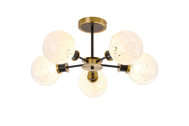 Stevens Semi Ceiling, 5 x E14 With 15cm Round Speckled Glass Shade, Brass, White & Satin Black