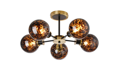 Stevens 52cm Semi Ceiling, 5 Light E14 With 15cm Round Brown & Amber Tortoise Shell Glass Shade, Brass & Satin Black