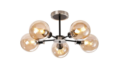 Stevens Semi Ceiling, 5 x E14 With 15cm Round Glass Shade, Satin Nickel, Amber Plated & Satin Black