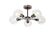 Stevens Semi Ceiling, 5 x E14 With 15cm Round Glass Shade, Satin Nickel, Clear & Satin Black
