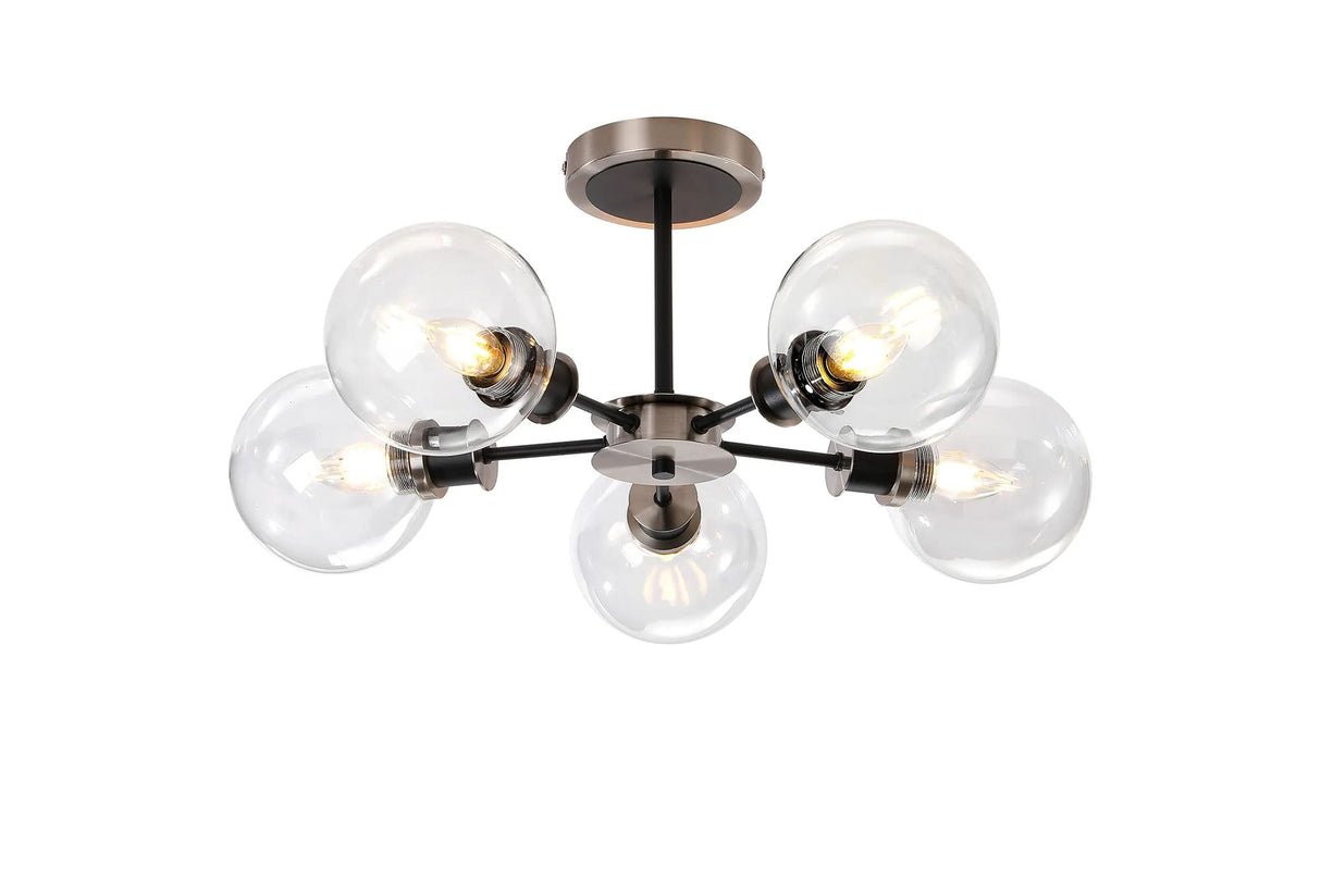 Stevens Semi Ceiling, 5 x E14 With 15cm Round Glass Shade, Satin Nickel, Clear & Satin Black