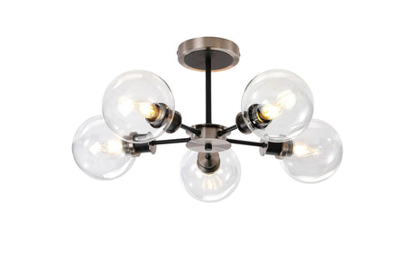 Stevens Semi Ceiling, 5 x E14 With 15cm Round Glass Shade, Satin Nickel, Clear & Satin Black