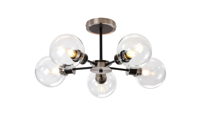 Stevens Semi Ceiling, 5 x E14 With 15cm Round Glass Shade, Satin Nickel, Clear & Satin Black