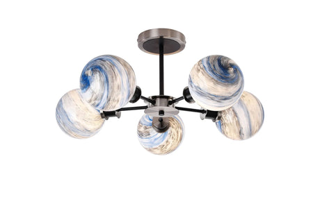 Stevens 52cm Semi Ceiling, 5 Light E14 With 15cm Round Dark Blue Marble Effect Glass Shade, Satin Nickel & Satin Black Framework