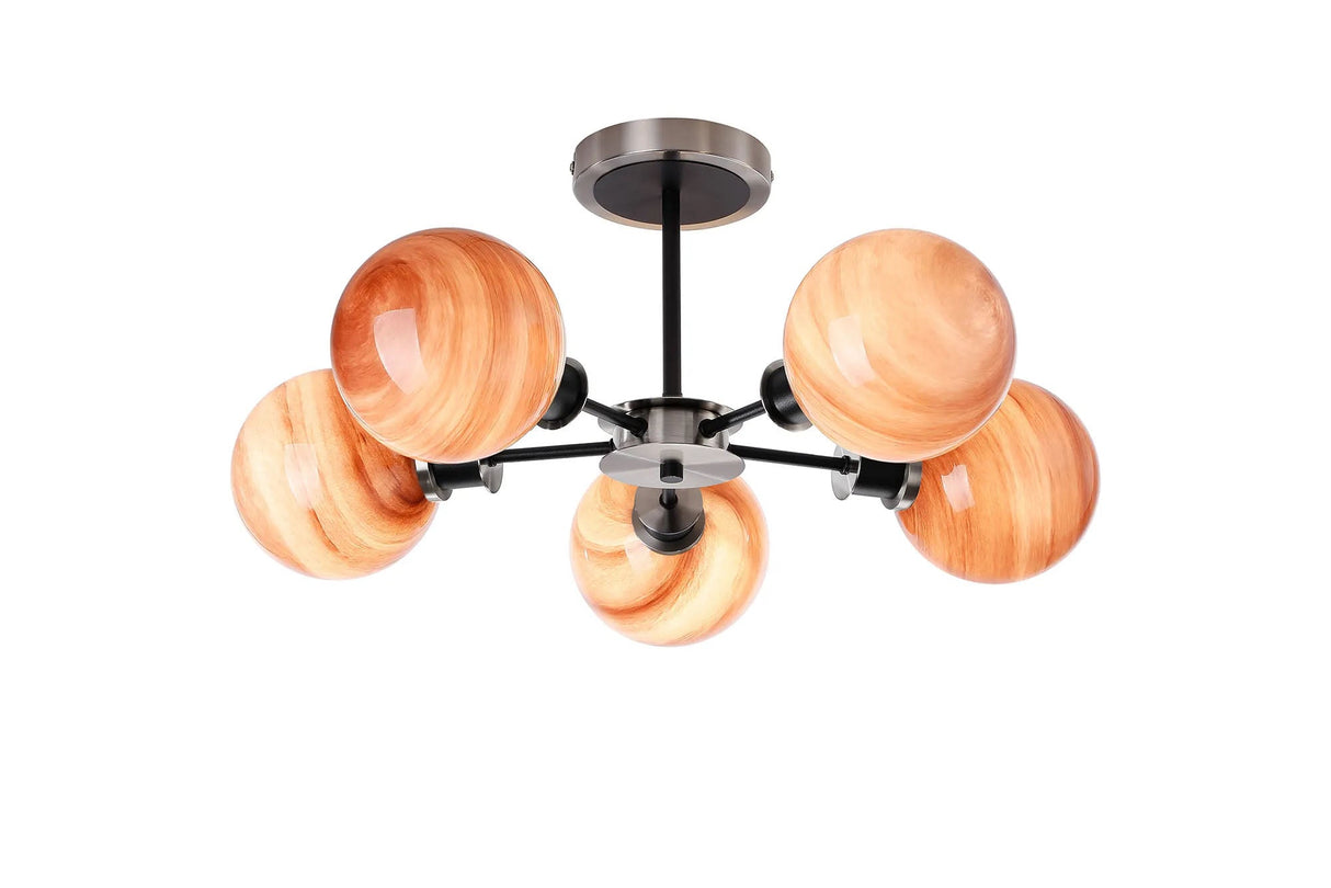 Stevens 52cm Semi Ceiling, 5 Light E14 With 15cm Round Dark Pink Marble Effect Glass Shade, Satin Nickel & Satin Black Framework