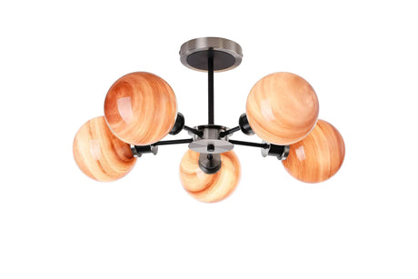 Stevens 52cm Semi Ceiling, 5 Light E14 With 15cm Round Dark Pink Marble Effect Glass Shade, Satin Nickel & Satin Black Framework
