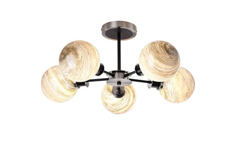 Stevens 52cm Semi Ceiling, 5 Light E14 With 15cm Round Light Grey Marble Effect Glass Shade, Satin Nickel & Satin Black Framework