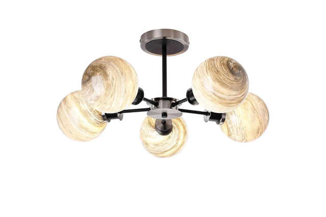 Stevens 52cm Semi Ceiling, 5 Light E14 With 15cm Round Light Grey Marble Effect Glass Shade, Satin Nickel & Satin Black Framework