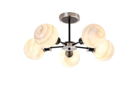 Stevens Semi Ceiling, 5 x E14 With 15cm Round Marble Effect Glass Shade, Satin Nickel, White & Satin Black