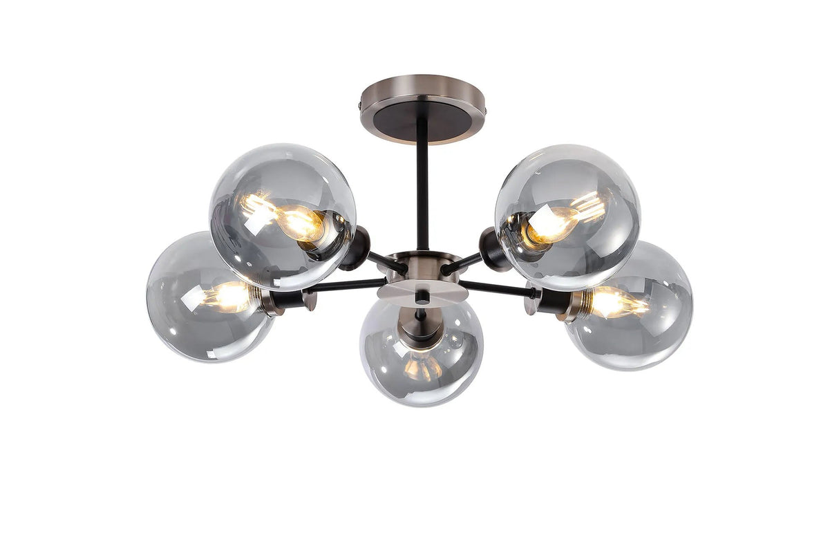 Stevens Semi Ceiling, 5 x E14 With 15cm Round Glass Shade, Satin Nickel, Smoke Plated & Satin Black
