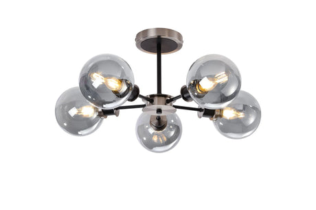 Stevens Semi Ceiling, 5 x E14 With 15cm Round Glass Shade, Satin Nickel, Smoke Plated & Satin Black