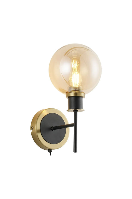 Stevens Switched Wall Light, 1 x E14 With 15cm Round Glass Shade, Brass, Amber Plated & Satin Black