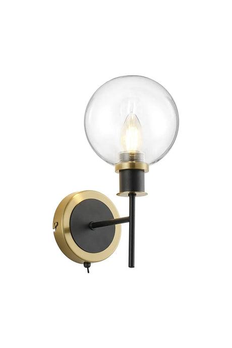Stevens Switched Wall Light, 1 x E14 With 15cm Round Glass Shade, Brass, Clear & Satin Black