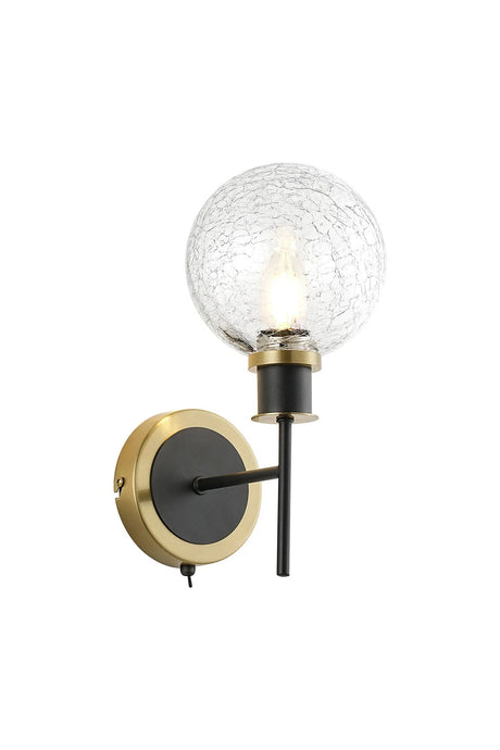 Stevens Switched Wall Light, 1 x E14 With 15cm Round Crackled Glass Shade, Brass, Clear & Satin Black