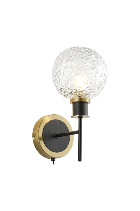 Stevens Switched Wall Light, 1 x E14 With 15cm Round Textured Crumple Glass Shade, Brass, Clear & Satin Black