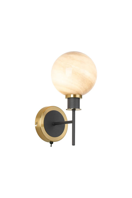 Stevens Switched Wall Light, 1 Light E14 With 15cm Round Dark Beige Marble Effect Glass Shade, Brass & Satin Black Framework
