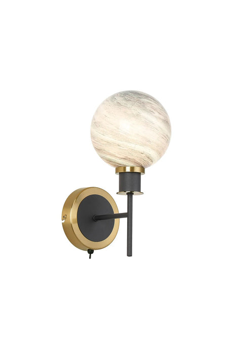 Stevens Switched Wall Light, 1 Light E14 With 15cm Round Dark Green Marble Effect Glass Shade, Brass & Satin Black Framework