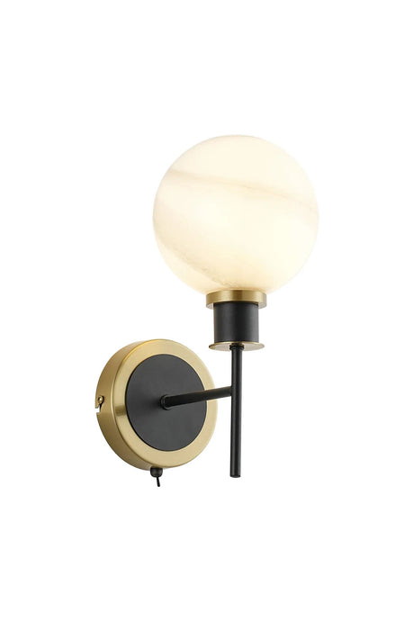 Stevens Switched Wall Light, 1 x E14 With 15cm Round Marble Effect Glass Shade, Brass, White & Satin Black