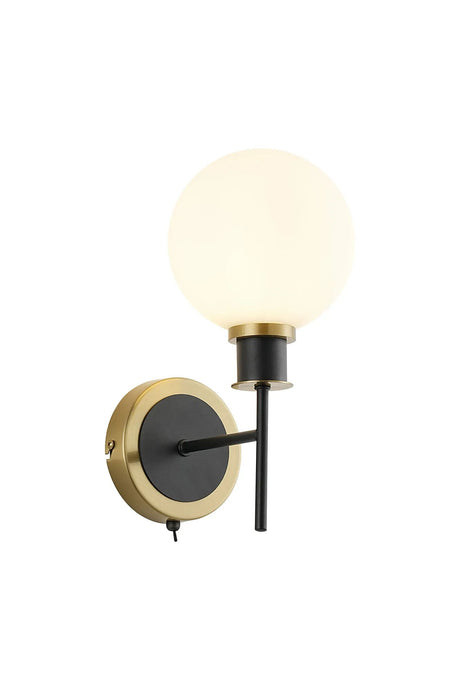 Stevens Switched Wall Light, 1 x E14 With 15cm Round Glass Shade, Brass, Opal & Satin Black
