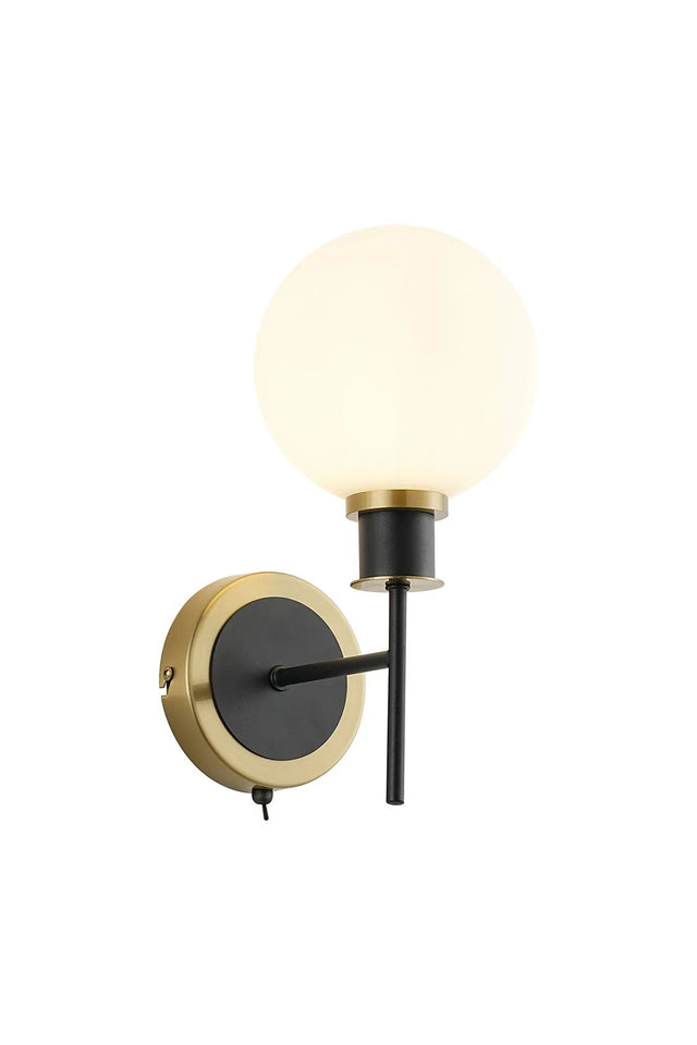 Stevens Switched Wall Light, 1 x E14 With 15cm Round Glass Shade, Brass, Opal & Satin Black
