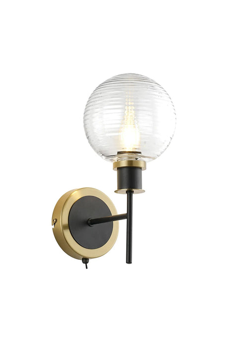 Stevens Switched Wall Light, 1 x E14 With 15cm Round Ribbed Glass Shade, Brass, Clear & Satin Black