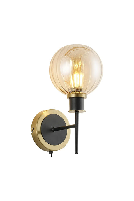 Stevens Switched Wall Light, 1 x E14 With 15cm Round Segment Glass Shade, Brass, Amber Plated & Satin Black