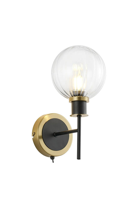 Stevens Switched Wall Light, 1 x E14 With 15cm Round Segment Glass Shade, Brass, Clear & Satin Black