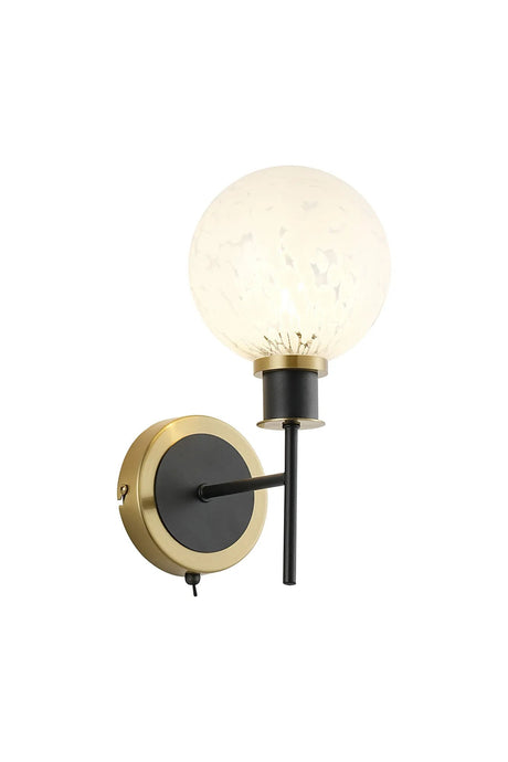 Stevens Switched Wall Light, 1 x E14 With 15cm Round Speckled Glass Shade, Brass, White & Satin Black