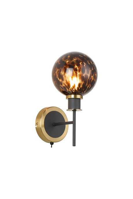 Stevens Switched Wall Light, 1 Light E14 With 15cm Round Brown & Amber Tortoise Shell Glass Shade, Brass & Satin Black