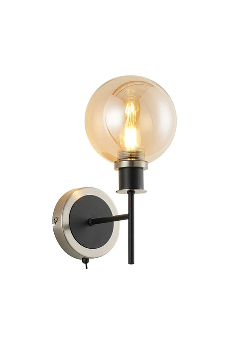Stevens Switched Wall Light, 1 x E14 With 15cm Round Glass Shade, Satin Nickel, Amber Plated & Satin Black