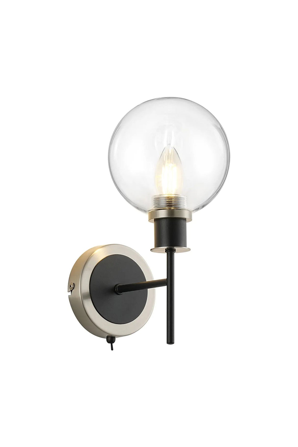 Stevens Switched Wall Light, 1 x E14 With 15cm Round Glass Shade, Satin Nickel, Clear & Satin Black