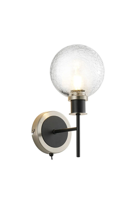 Stevens Switched Wall Light, 1 x E14 With 15cm Round Crackled Glass Shade, Satin Nickel, Clear & Satin Black