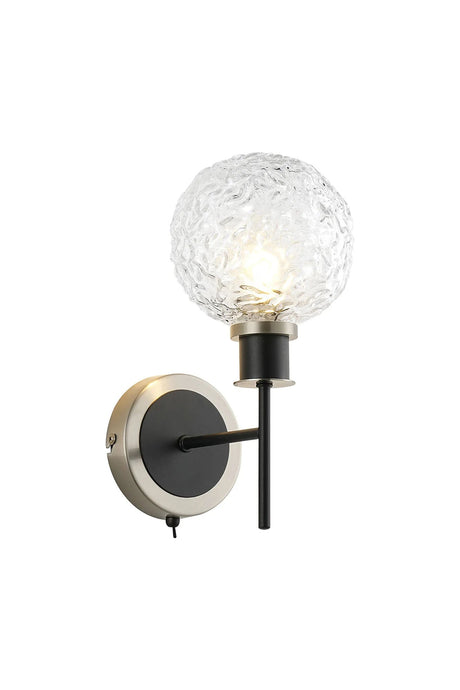 Stevens Switched Wall Light, 1 x E14 With 15cm Round Textured Crumple Glass Shade, Satin Nickel, Clear & Satin Black