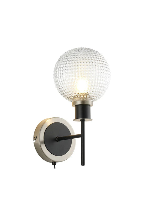 Stevens Switched Wall Light, 1 x E14 With 15cm Round Textured Diamond Pattern Glass Shade, Satin Nickel, Clear & Satin Black