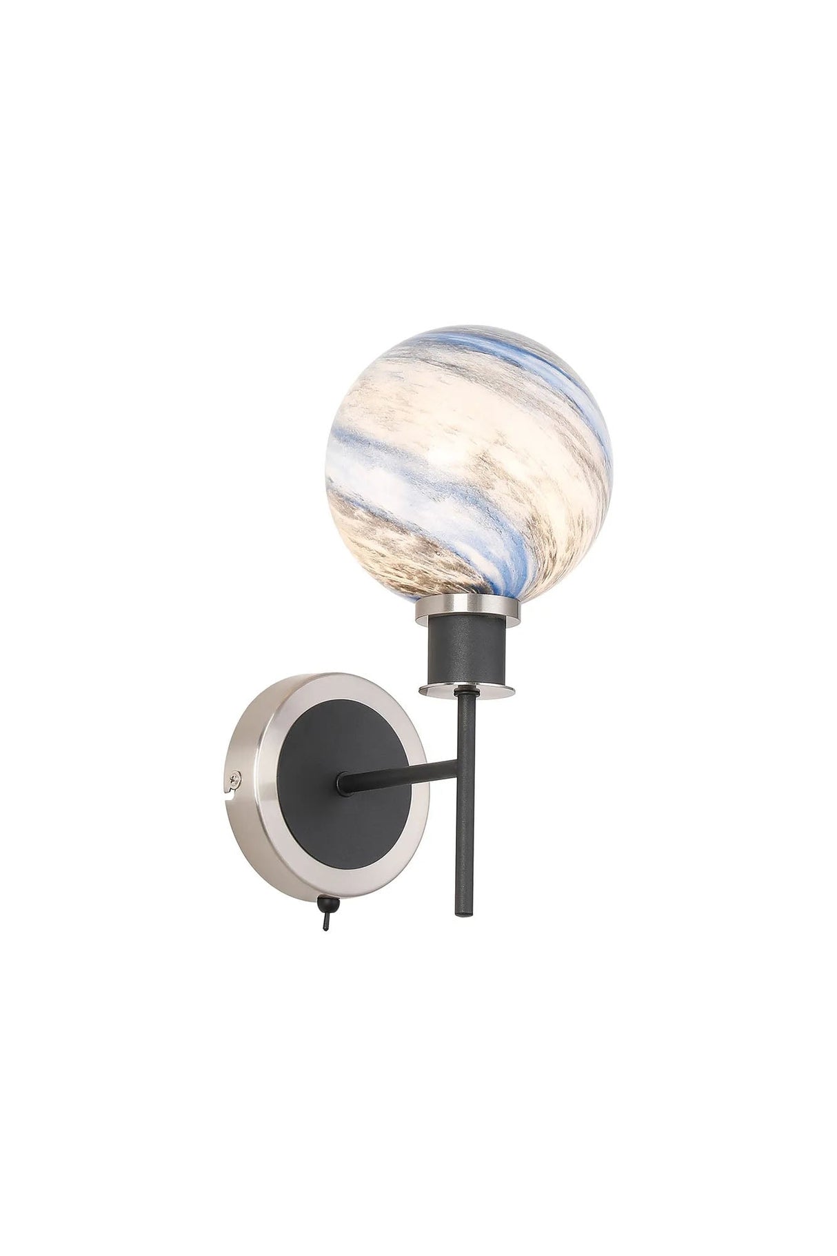 Stevens Switched Wall Light, 1 Light E14 With 15cm Round Dark Blue Marble Effect Glass Shade, Satin Nickel & Satin Black Framework