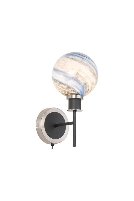 Stevens Switched Wall Light, 1 Light E14 With 15cm Round Dark Blue Marble Effect Glass Shade, Satin Nickel & Satin Black Framework