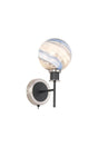Stevens Switched Wall Light, 1 Light E14 With 15cm Round Dark Blue Marble Effect Glass Shade, Satin Nickel & Satin Black Framework