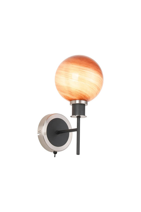 Stevens Switched Wall Light, 1 Light E14 With 15cm Round Dark Pink Marble Effect Glass Shade, Satin Nickel & Satin Black Framework