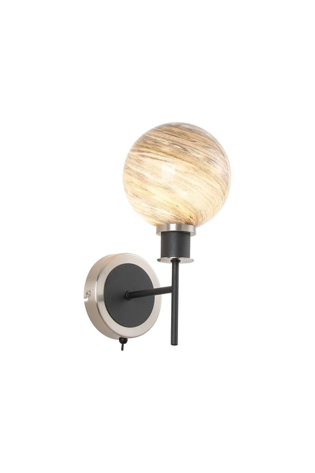 Stevens Switched Wall Light, 1 Light E14 With 15cm Round Light Grey Marble Effect Glass Shade, Satin Nickel & Satin Black Framework
