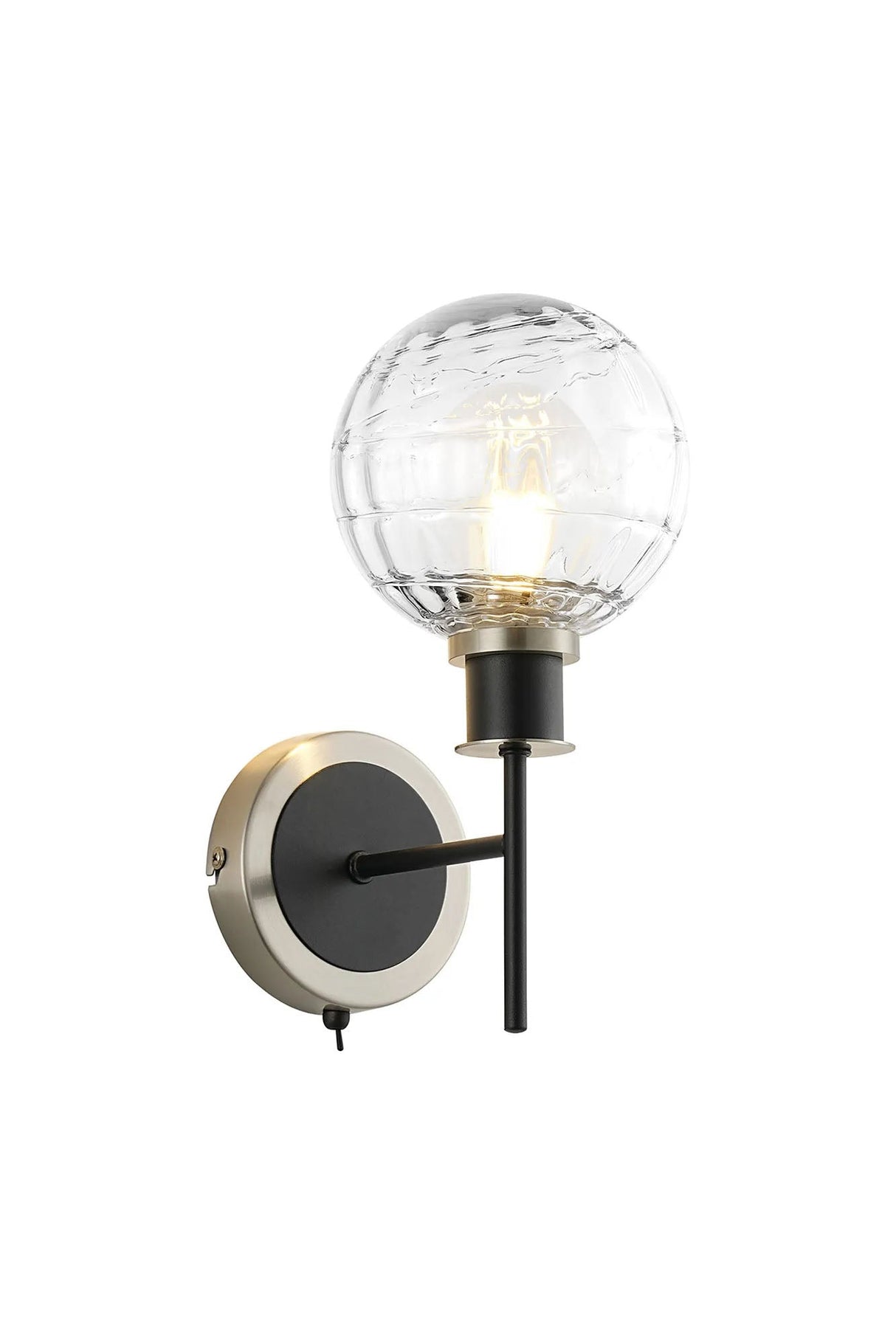 Stevens Switched Wall Light, 1 x E14 With 15cm Round Textured Melting Glass Shade, Satin Nickel, Clear & Satin Black