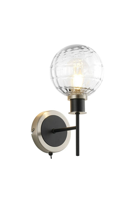 Stevens Switched Wall Light, 1 x E14 With 15cm Round Textured Melting Glass Shade, Satin Nickel, Clear & Satin Black