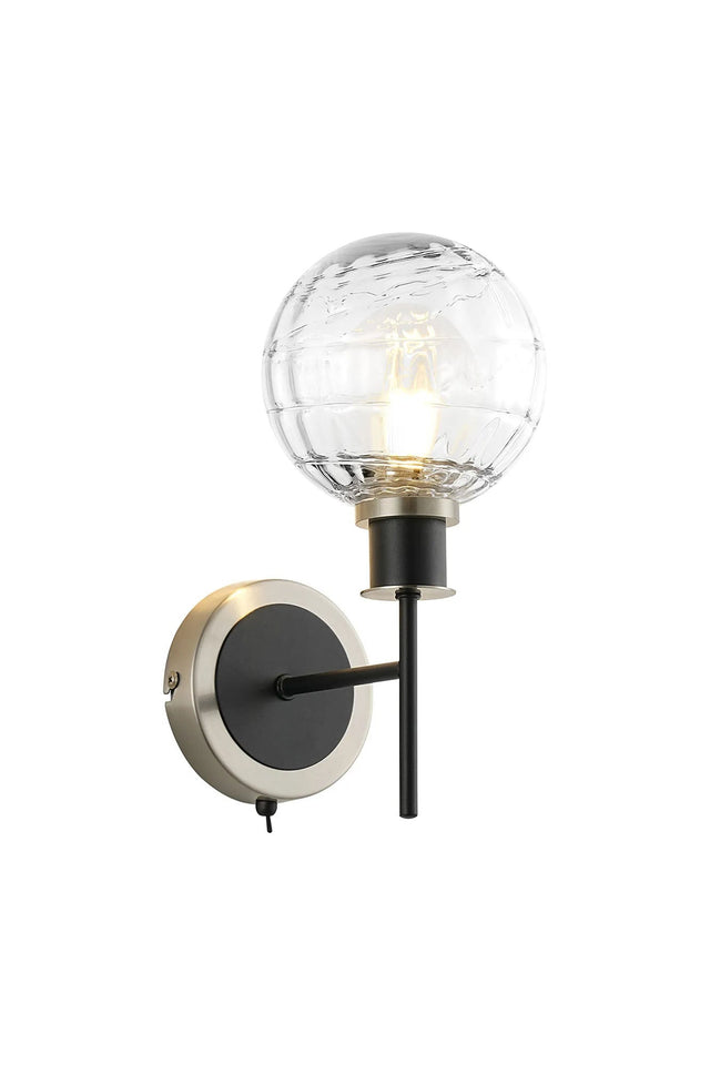 Stevens Switched Wall Light, 1 x E14 With 15cm Round Textured Melting Glass Shade, Satin Nickel, Clear & Satin Black