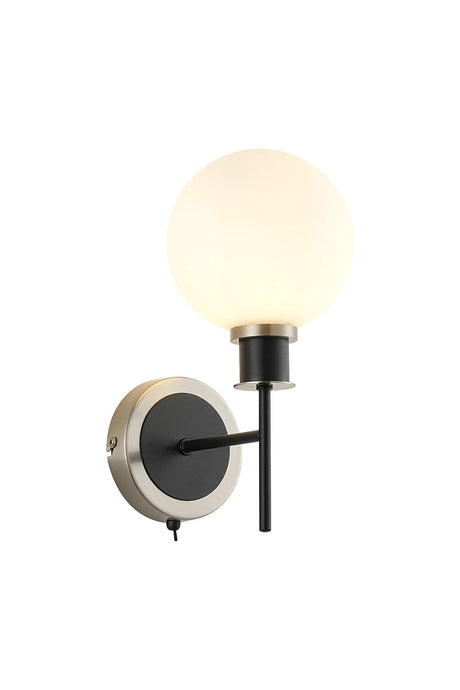 Stevens Switched Wall Light, 1 x E14 With 15cm Round Glass Shade, Satin Nickel, Opal & Satin Black