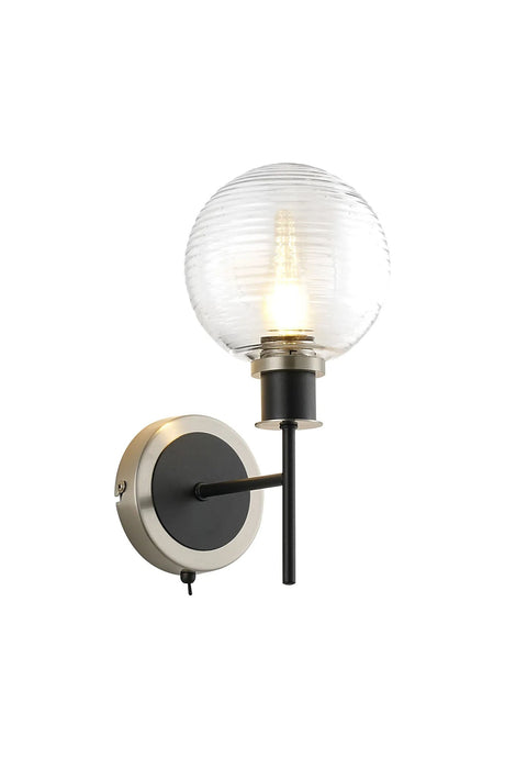 Stevens Switched Wall Light, 1 x E14 With 15cm Round Ribbed Glass Shade, Satin Nickel, Clear & Satin Black