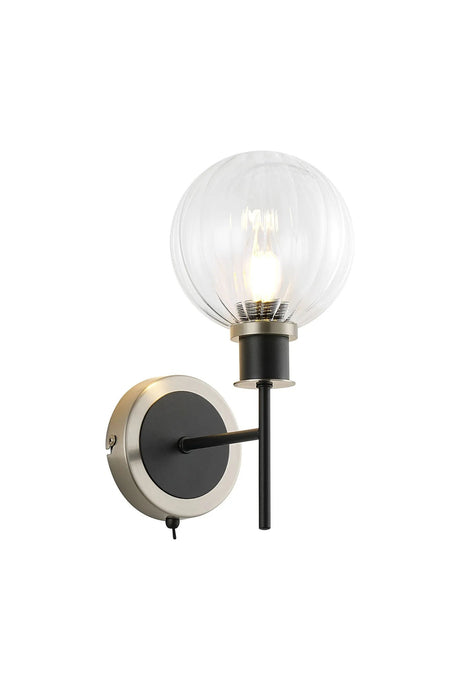 Stevens Switched Wall Light, 1 x E14 With 15cm Round Segment Glass Shade, Satin Nickel, Clear & Satin Black
