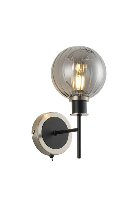 Stevens Switched Wall Light, 1 x E14 With 15cm Round Segment Glass Shade, Satin Nickel, Smoke Plated & Satin Black