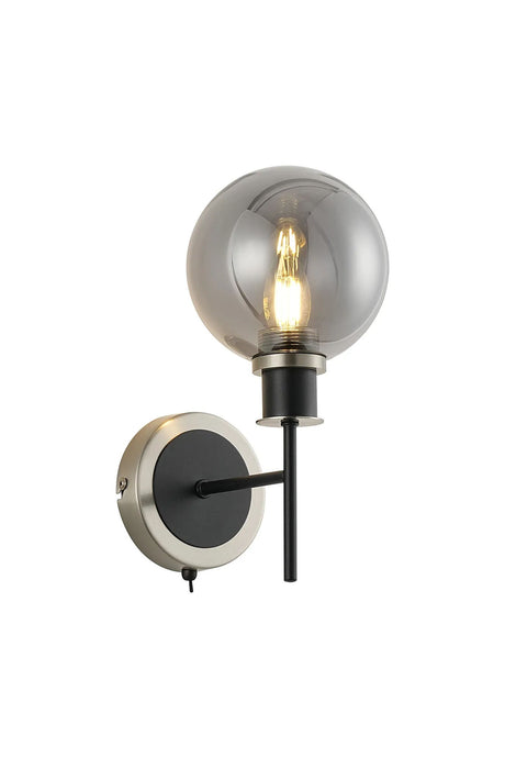 Stevens Switched Wall Light, 1 x E14 With 15cm Round Glass Shade, Satin Nickel, Smoke Plated & Satin Black