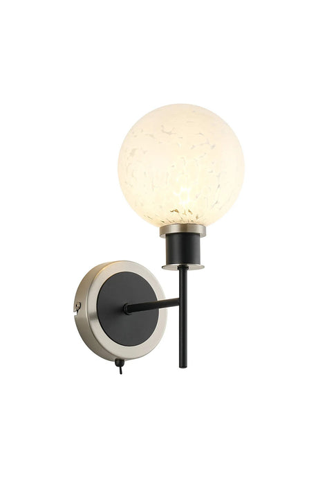 Stevens Switched Wall Light, 1 x E14 With 15cm Round Speckled Glass Shade, Satin Nickel, White & Satin Black
